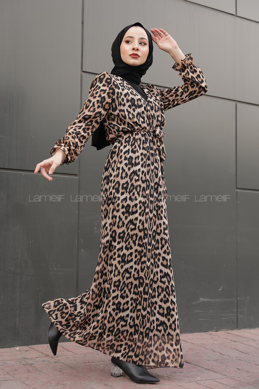 Modalamelif İçi Astarlı Leopar Desenli Elbise Siyah