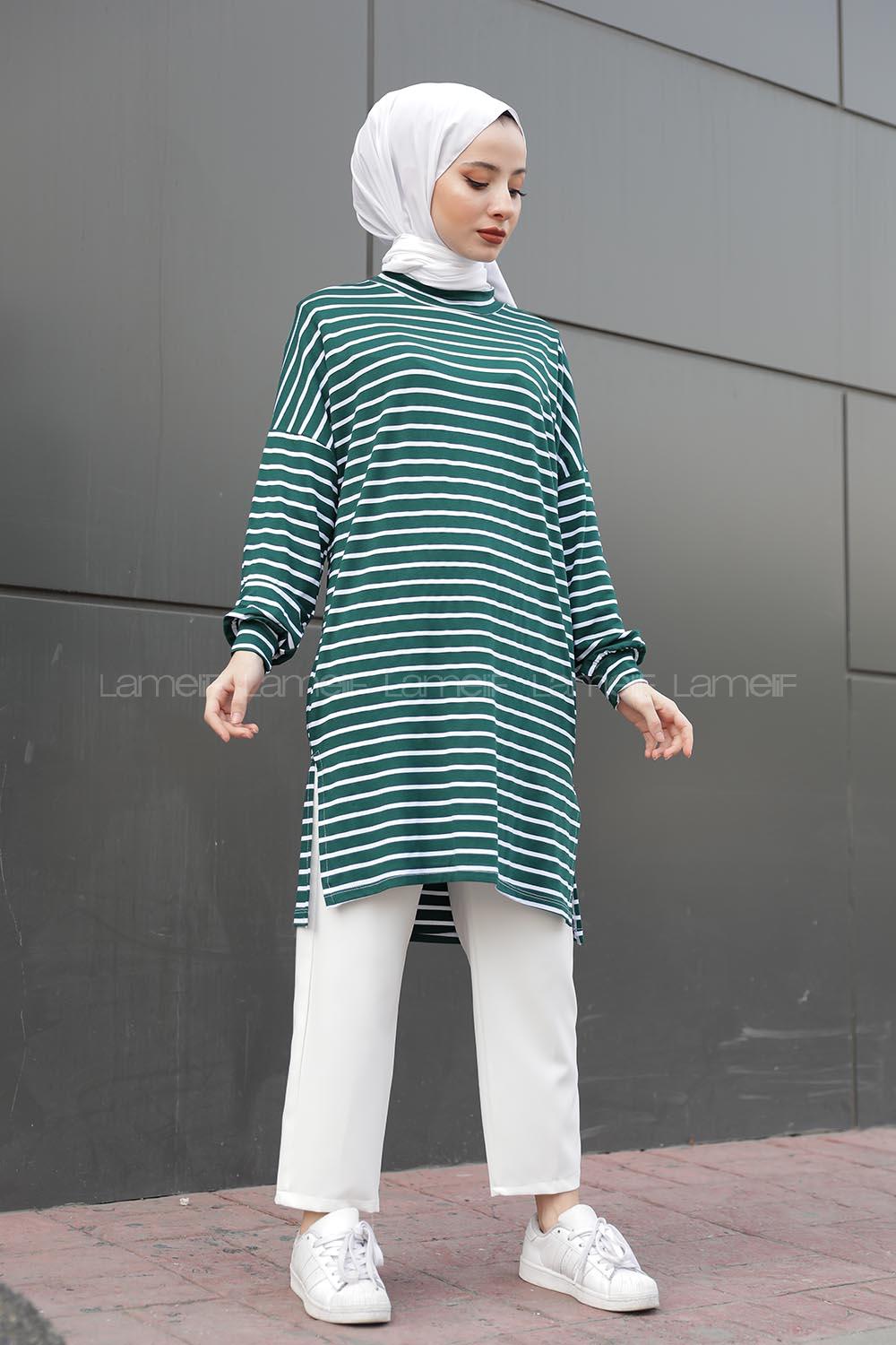 Modalamelif İnce Beyaz Çizgili Tunik Yeşil