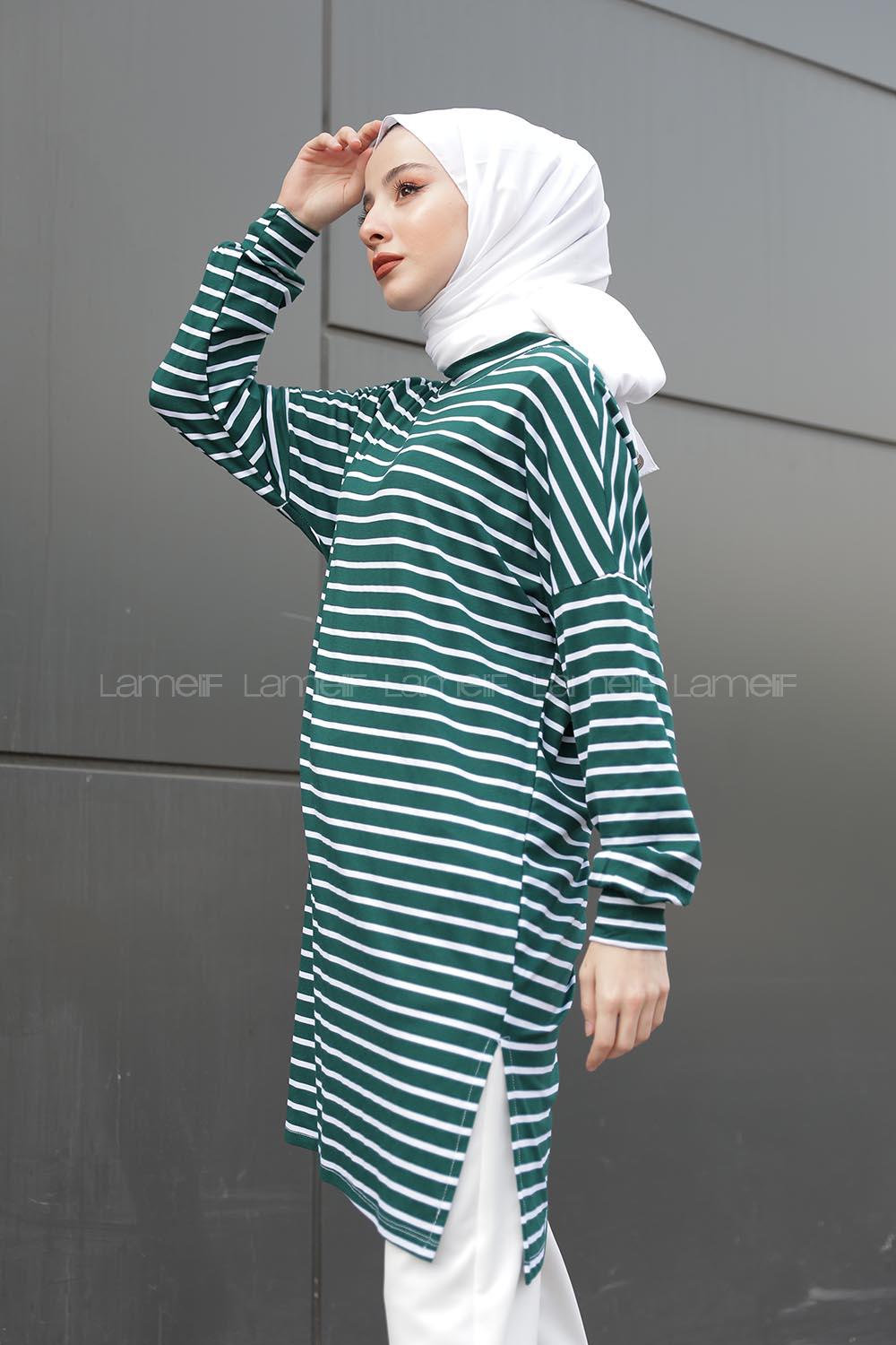 Modalamelif İnce Beyaz Çizgili Tunik Yeşil