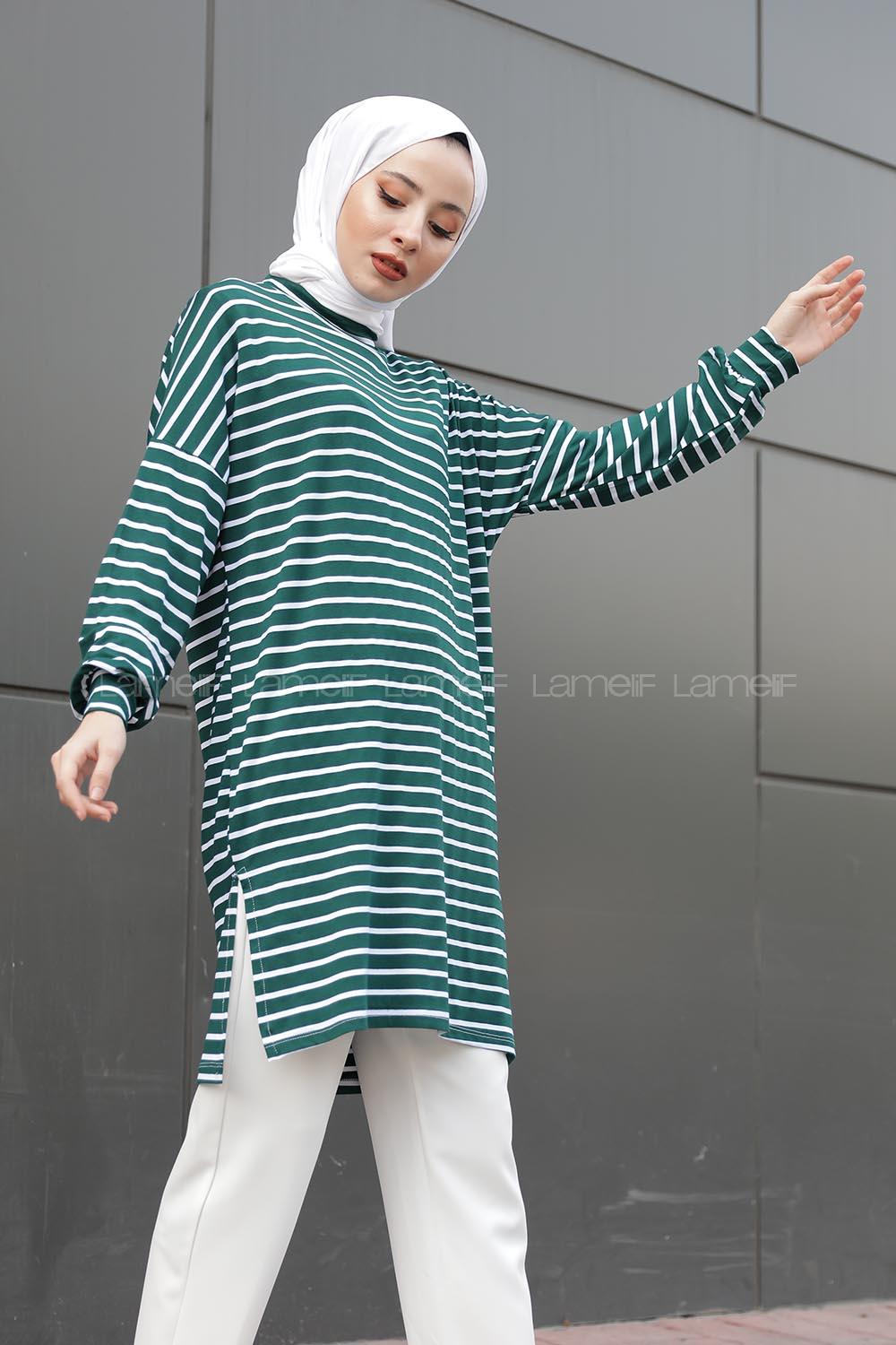 Modalamelif İnce Beyaz Çizgili Tunik Yeşil