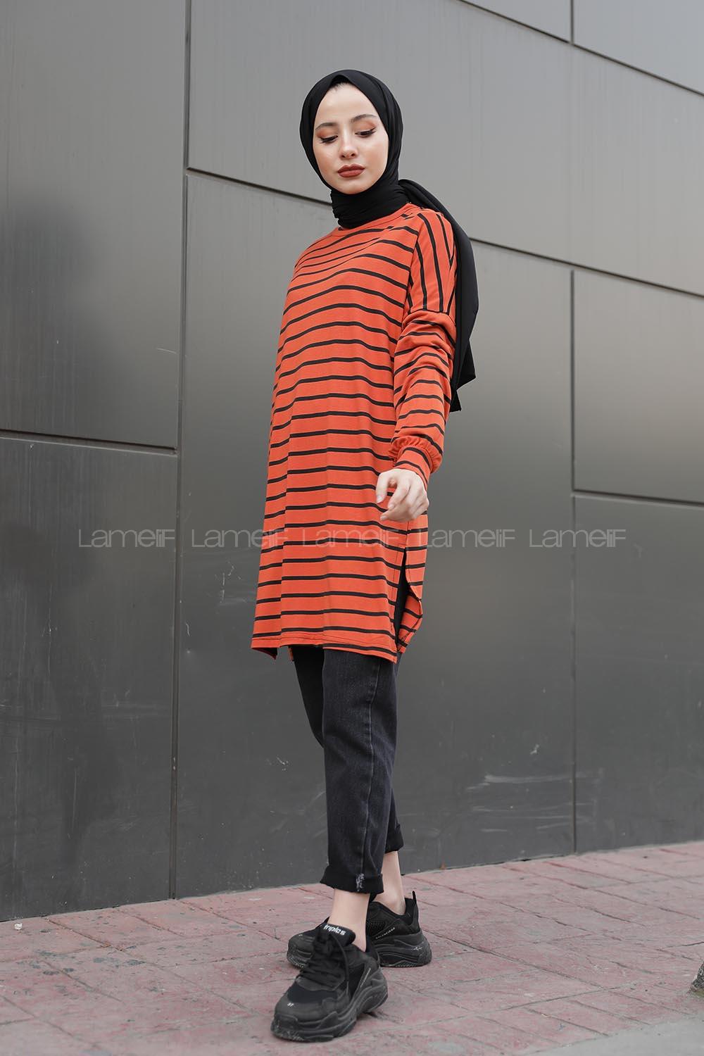 Modalamelif İnce Kiremit Çizgili Tunik