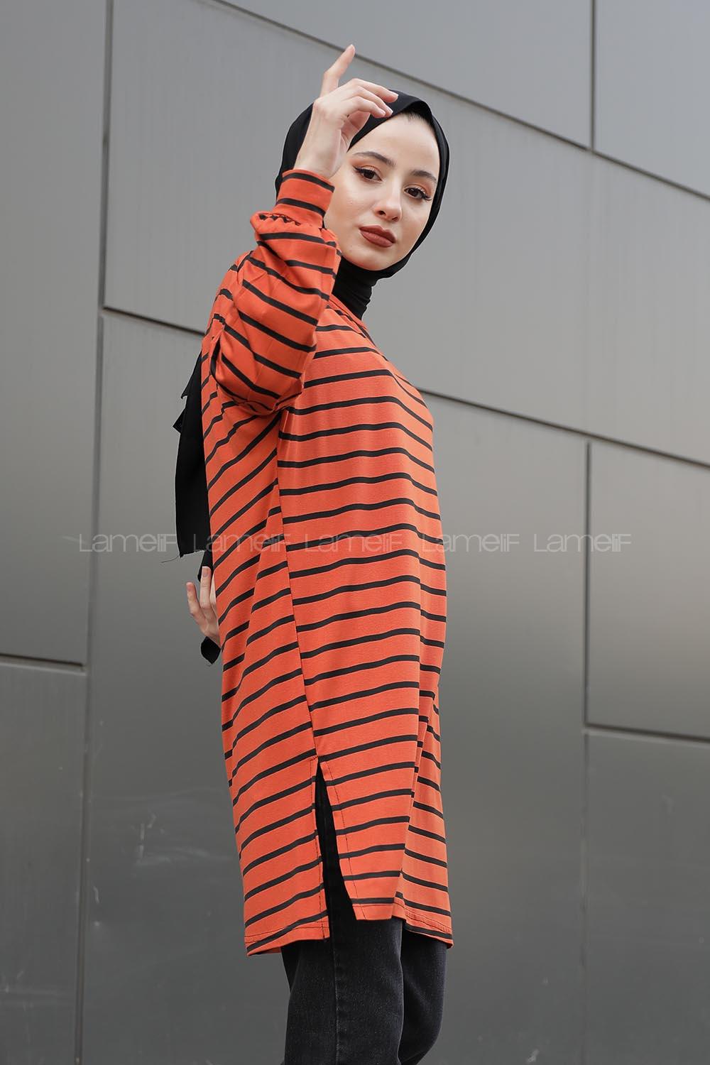 Modalamelif İnce Kiremit Çizgili Tunik