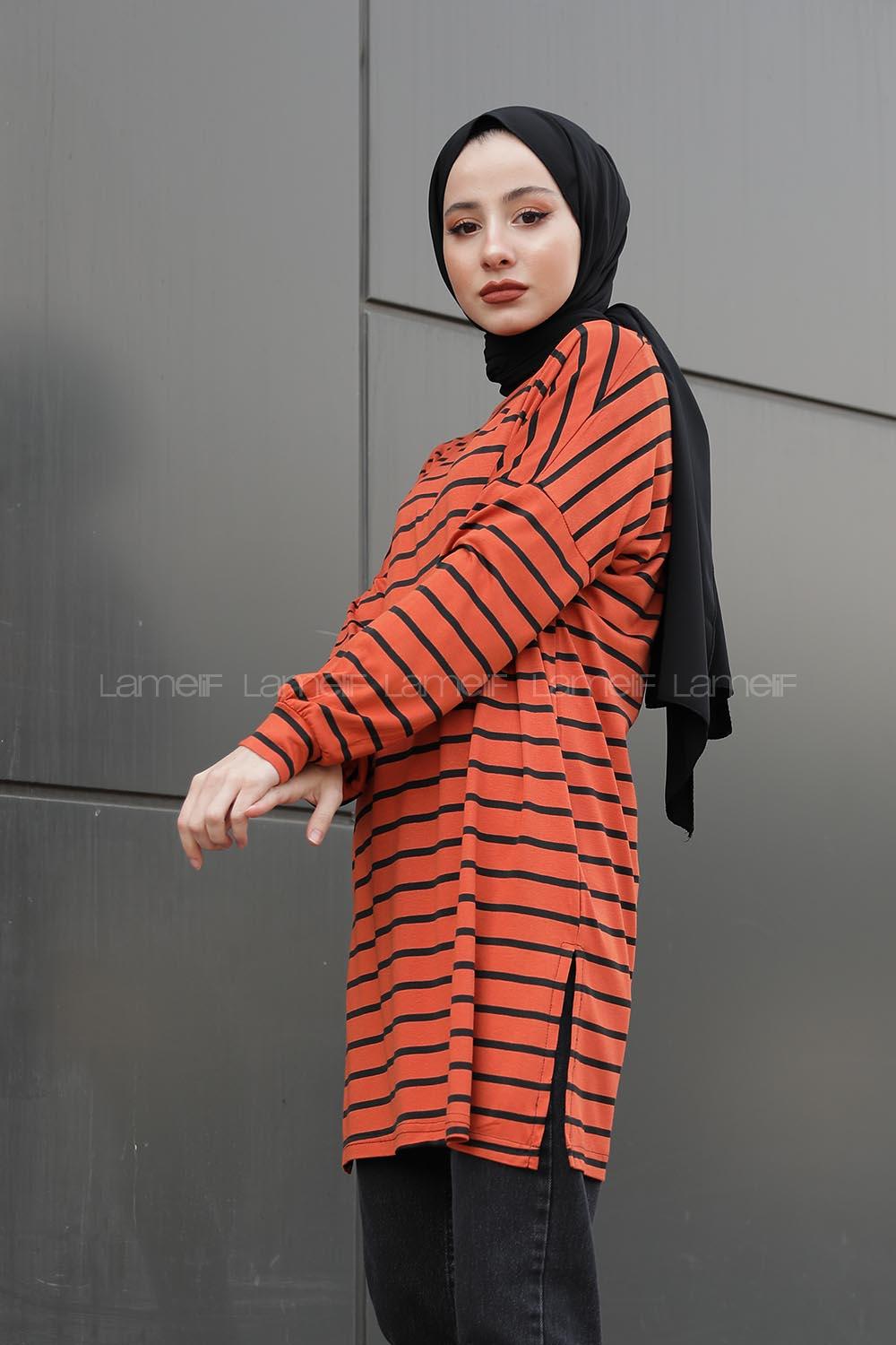 Modalamelif İnce Kiremit Çizgili Tunik