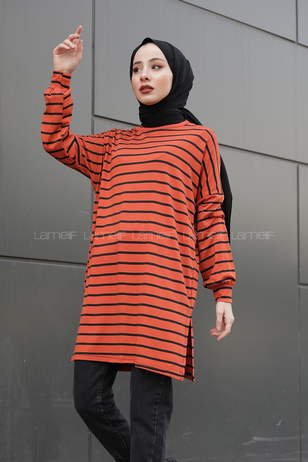Modalamelif İnce Kiremit Çizgili Tunik