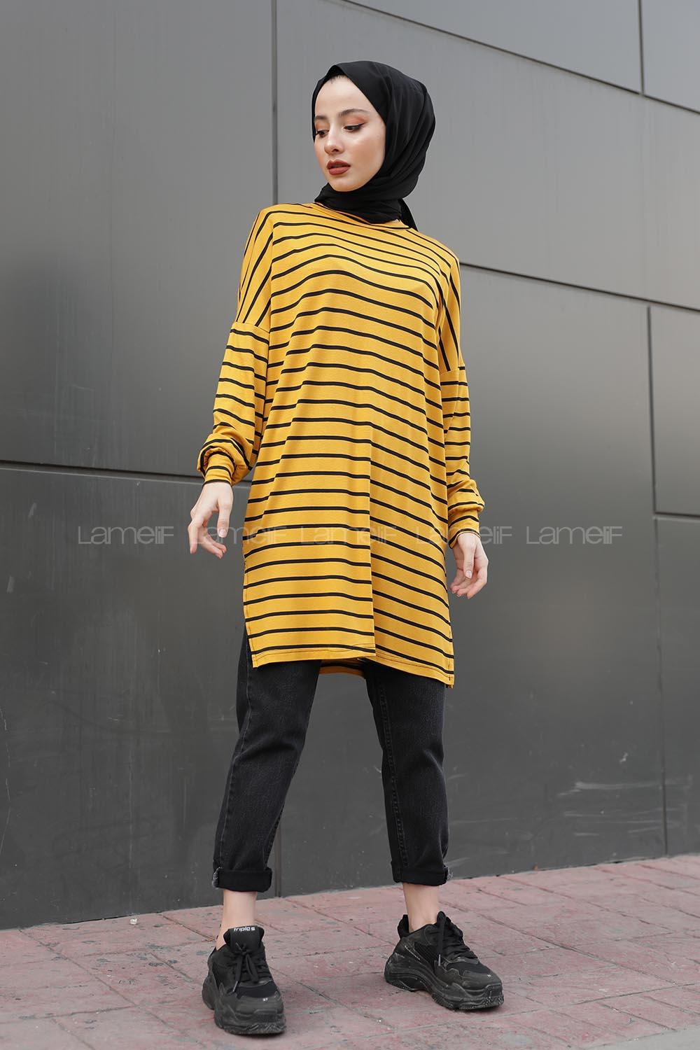 Modalamelif İnce Siyah Çizgili Tunik Hardal Sarısı