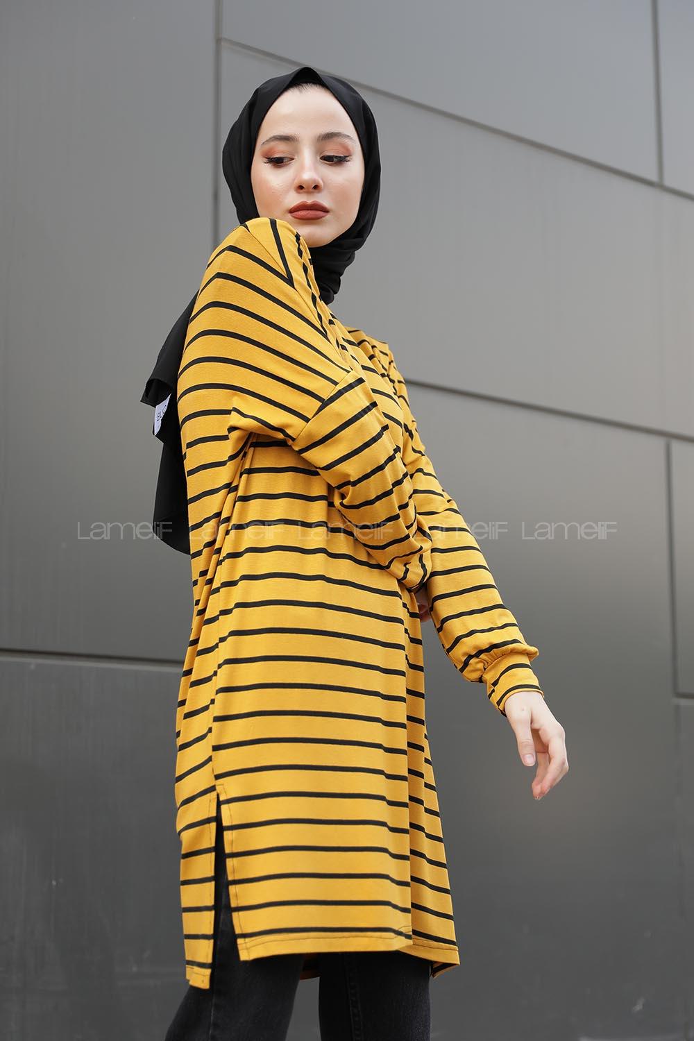 Modalamelif İnce Siyah Çizgili Tunik Hardal Sarısı
