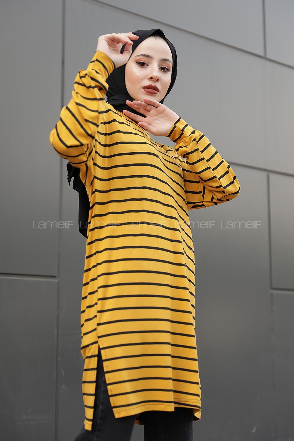 Modalamelif İnce Siyah Çizgili Tunik Hardal Sarısı