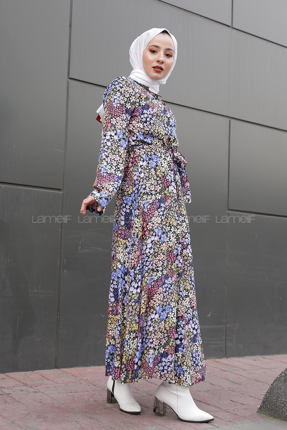 Modalamelif Kemer Detaylı  Çok Renkli Çiçek Desenli Elbise Mor