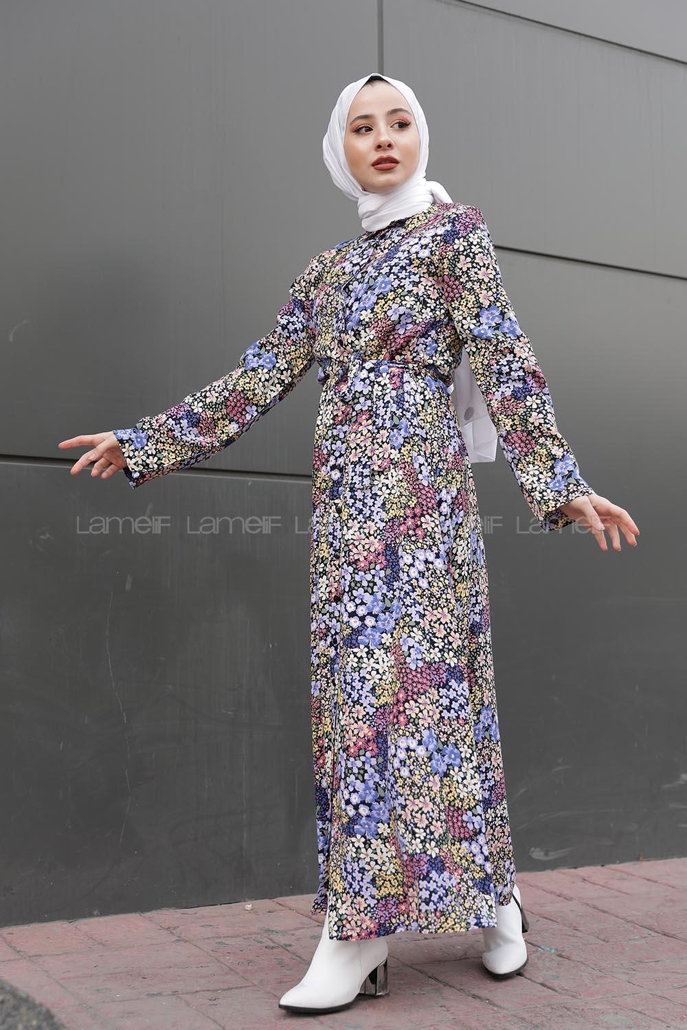 Modalamelif Kemer Detaylı  Çok Renkli Çiçek Desenli Elbise Mor