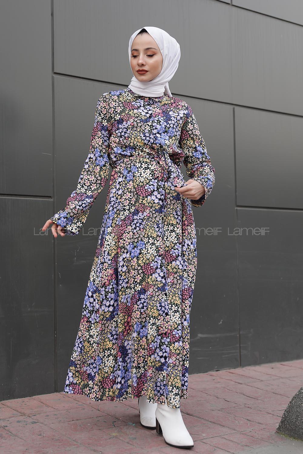 Modalamelif Kemer Detaylı  Çok Renkli Çiçek Desenli Elbise Mor