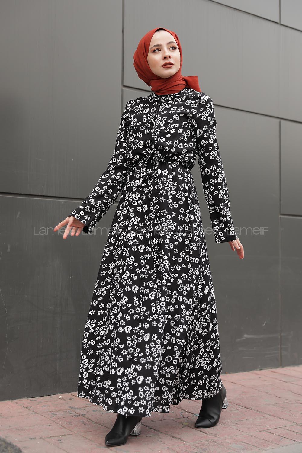 Modalamelif Kemer Detaylı  Papatya Desenli Elbise Siyah