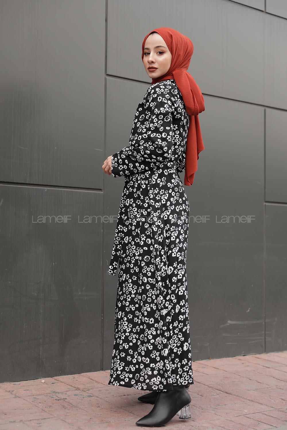 Modalamelif Kemer Detaylı  Papatya Desenli Elbise Siyah