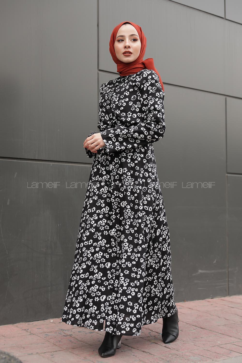 Modalamelif Kemer Detaylı  Papatya Desenli Elbise Siyah