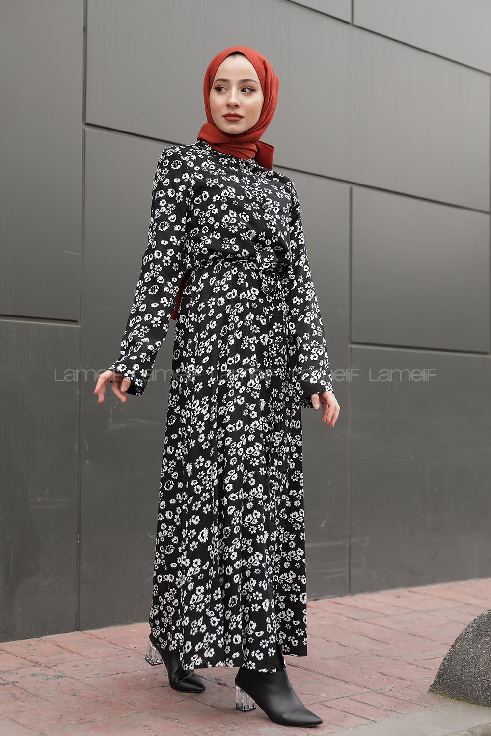 Modalamelif Kemer Detaylı  Papatya Desenli Elbise Siyah