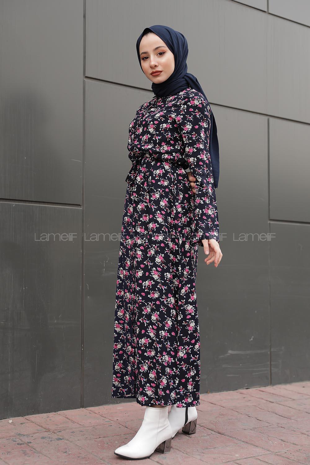 Modalamelif Kol Katlamalı Çiçek desenli Elbise Lacivert