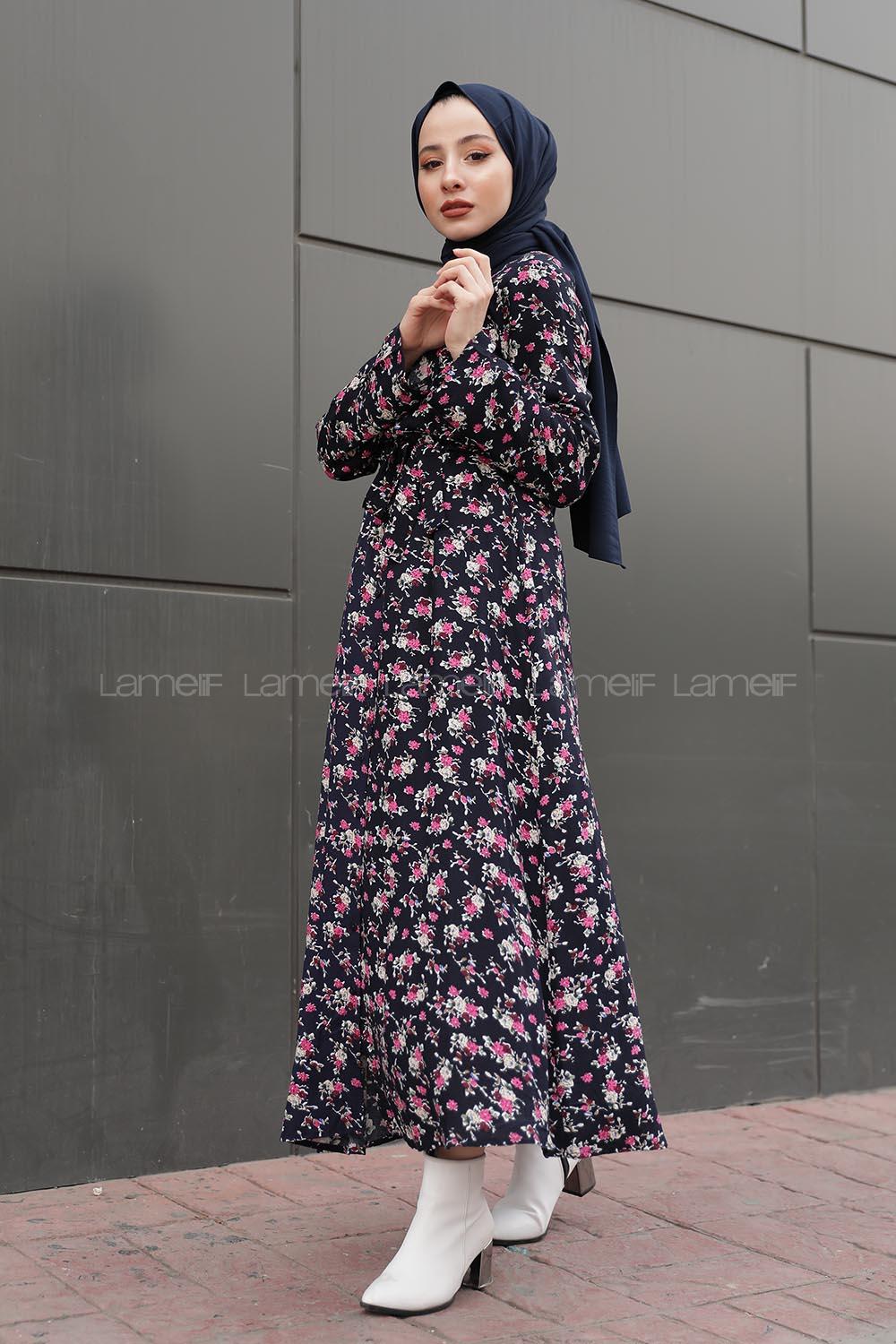 Modalamelif Kol Katlamalı Çiçek desenli Elbise Lacivert