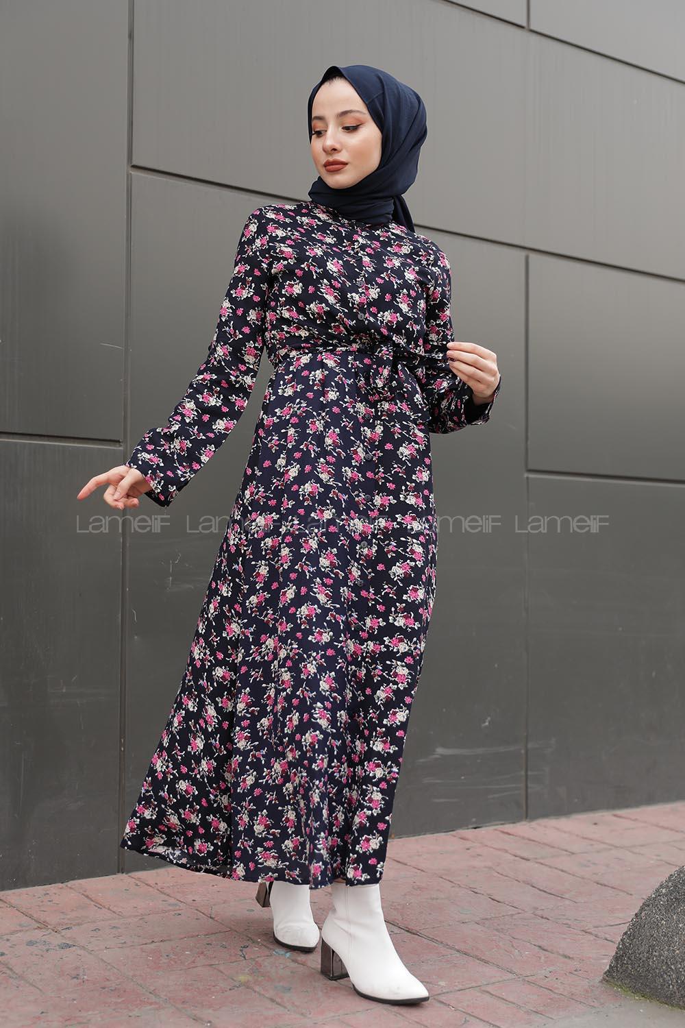 Modalamelif Kol Katlamalı Çiçek desenli Elbise Lacivert