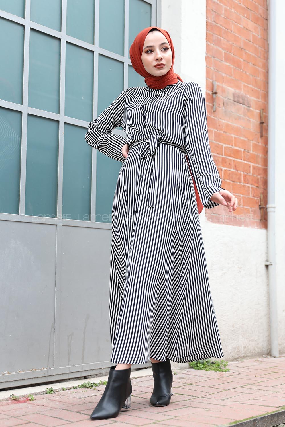Modalamelif Kol Katlamalı Dik Çizgili Elbise Siyah Beyaz