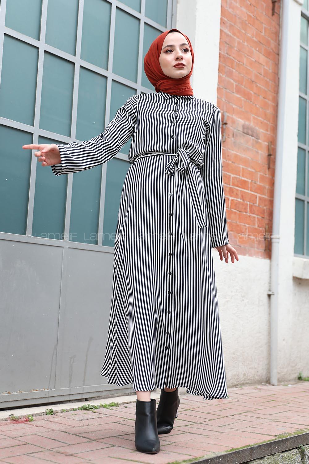 Modalamelif Kol Katlamalı Dik Çizgili Elbise Siyah Beyaz