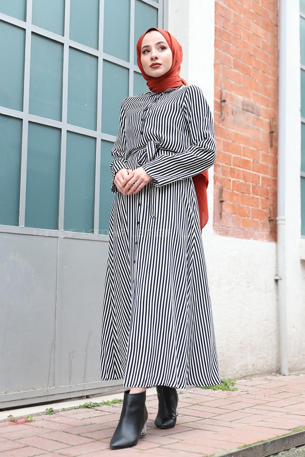 Modalamelif Kol Katlamalı Dik Çizgili Elbise Siyah Beyaz