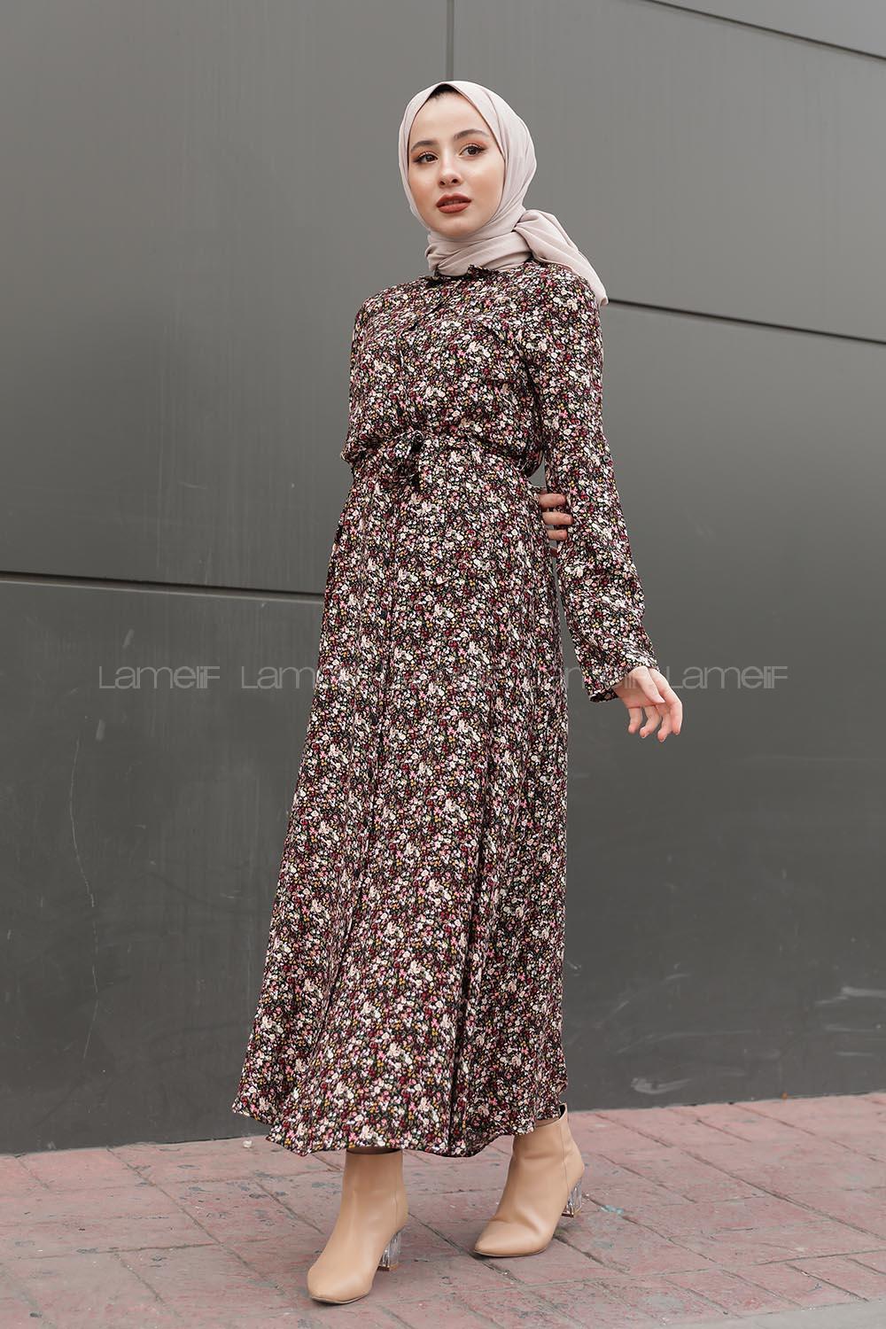 Modalamelif Önü Düğmeli Gül Desenli Elbise Siyah