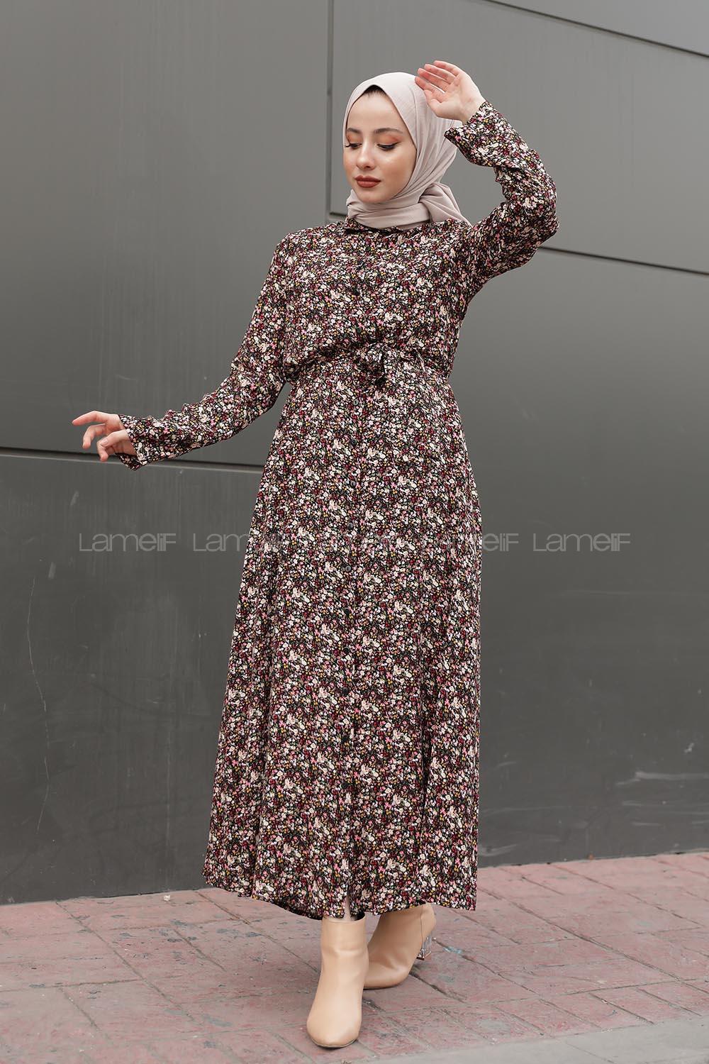 Modalamelif Önü Düğmeli Gül Desenli Elbise Siyah