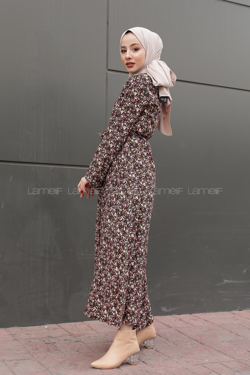 Modalamelif Önü Düğmeli Gül Desenli Elbise Siyah