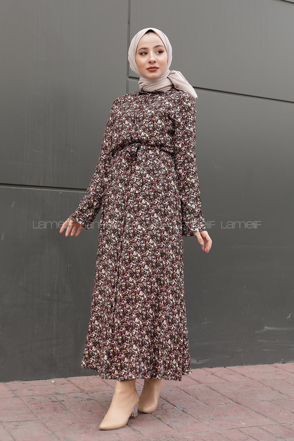 Modalamelif Önü Düğmeli Gül Desenli Elbise Siyah