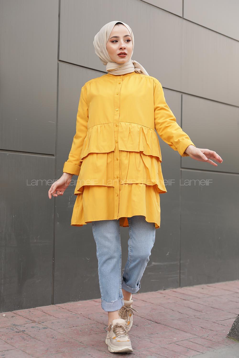 Modalamelif Önü Düğmeli Kat Kat Gömlek Hardal Sarısı