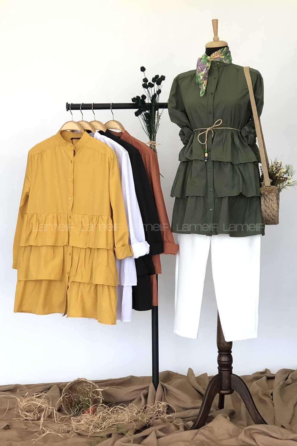 Modalamelif Önü Düğmeli Kat Kat Gömlek Hardal Sarısı