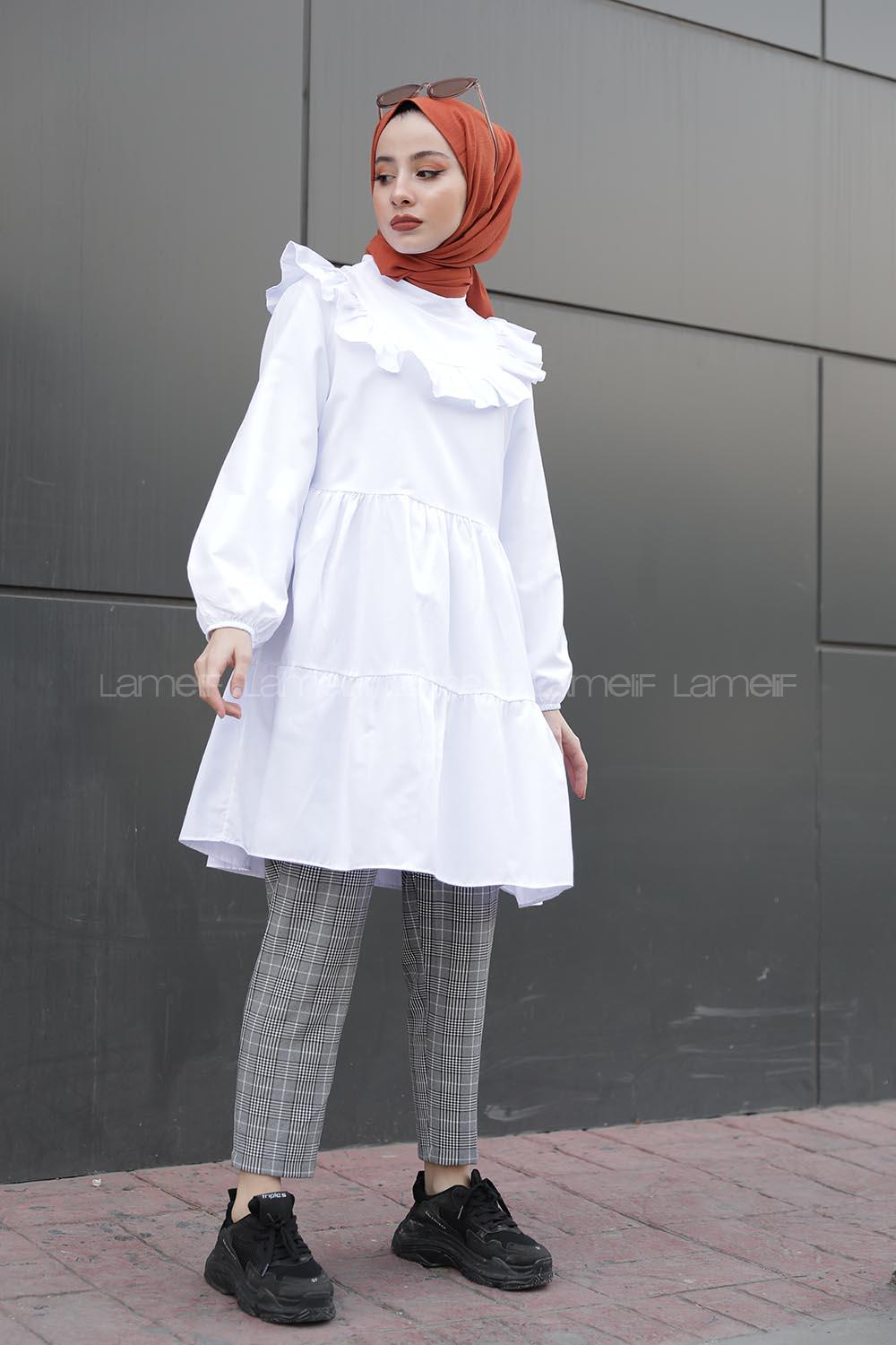 Modalamelif Önü Fırfırlı Tunik beyaz