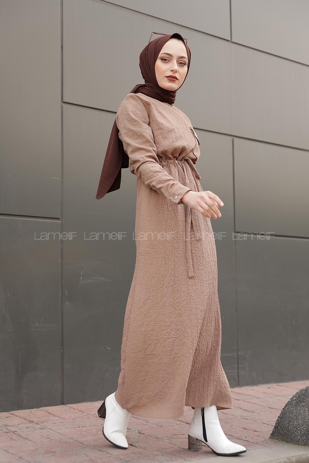 Modalamelif Tek Cepli Belden Bağcıklı Elbise Bej