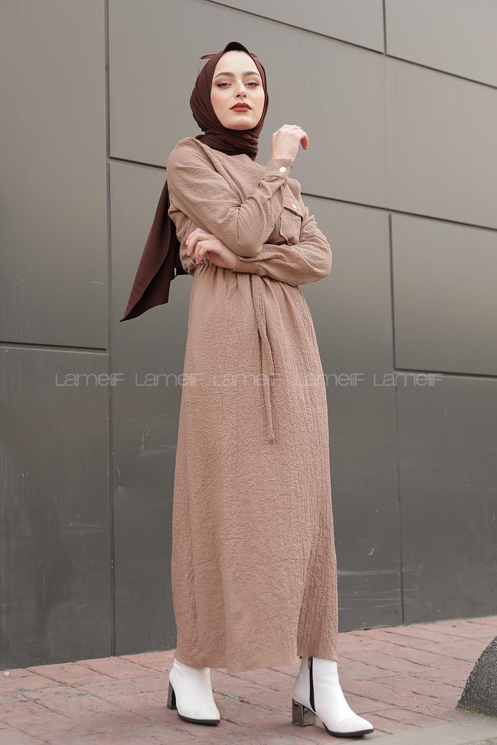 Modalamelif Tek Cepli Belden Bağcıklı Elbise Bej