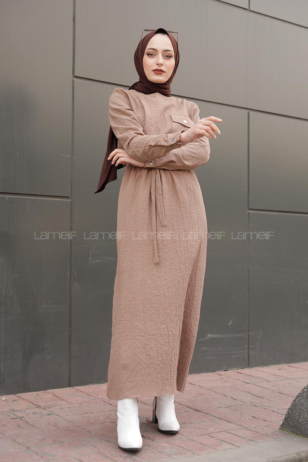 Modalamelif Tek Cepli Belden Bağcıklı Elbise Bej