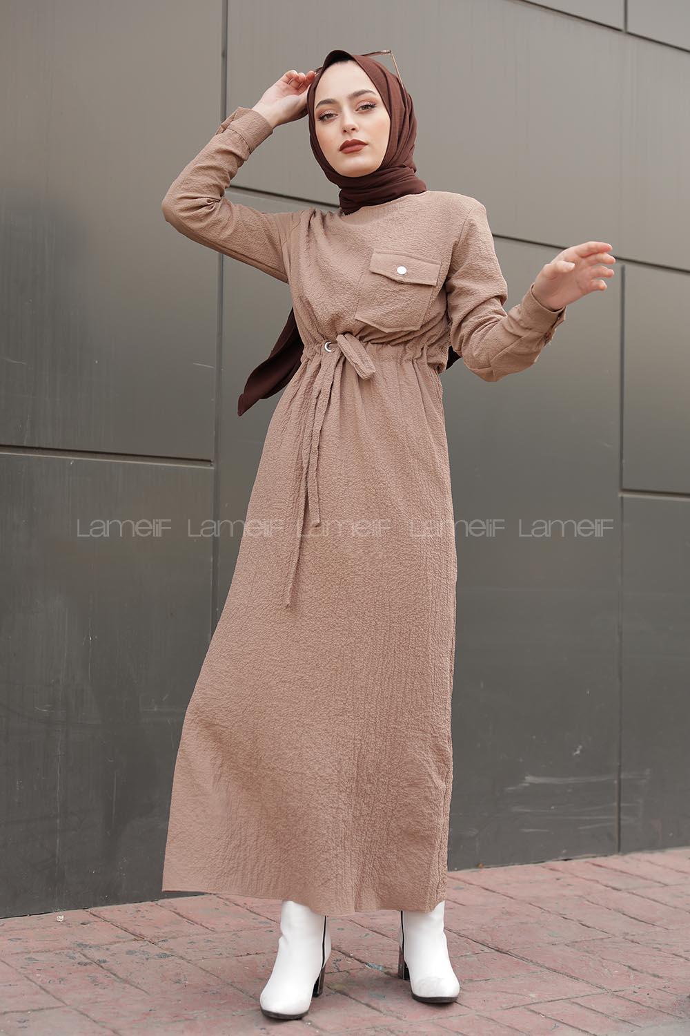 Modalamelif Tek Cepli Belden Bağcıklı Elbise Bej