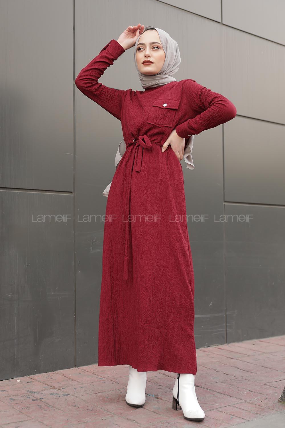 Modalamelif Tek Cepli Belden Bağcıklı Elbise Bordo