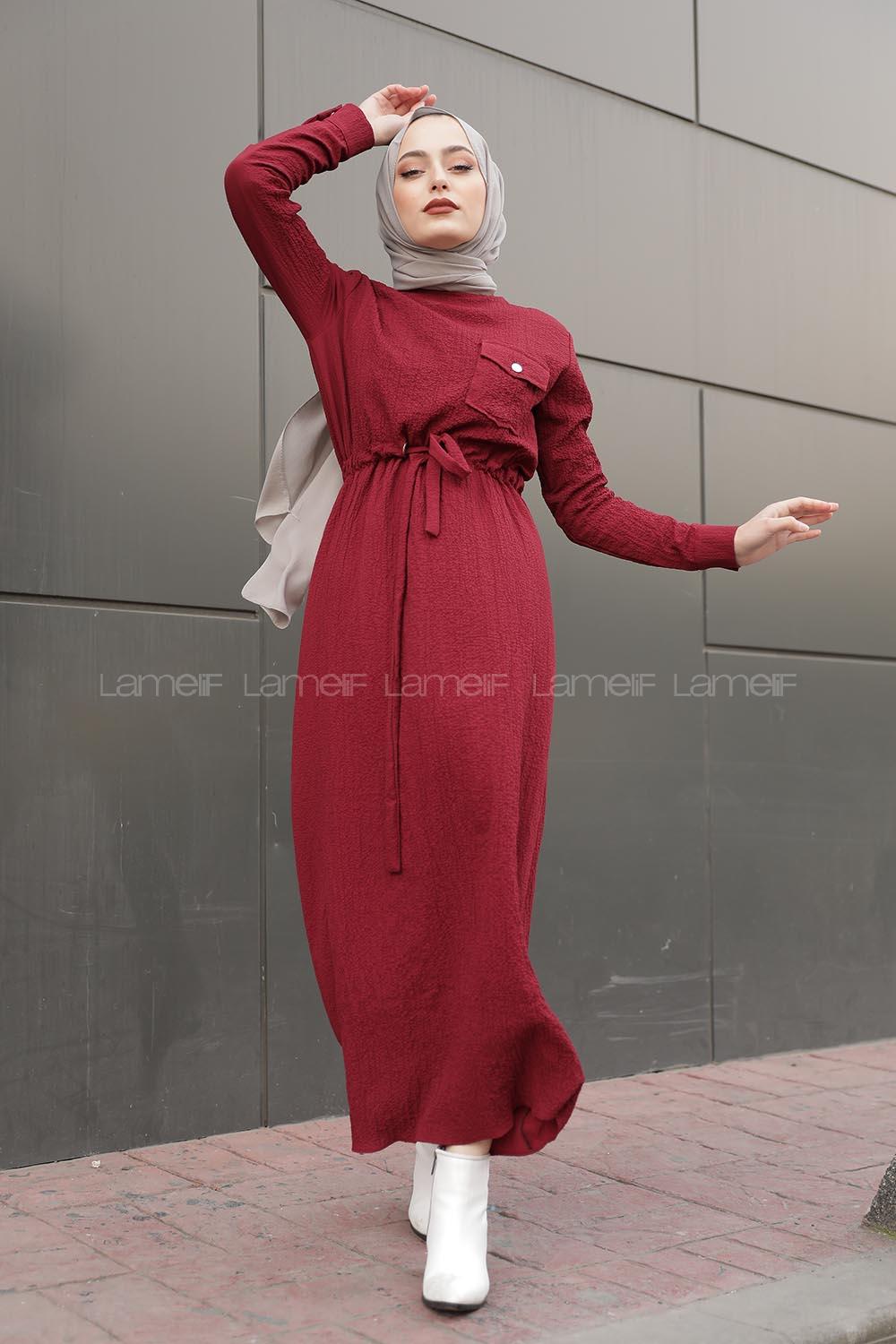 Modalamelif Tek Cepli Belden Bağcıklı Elbise Bordo