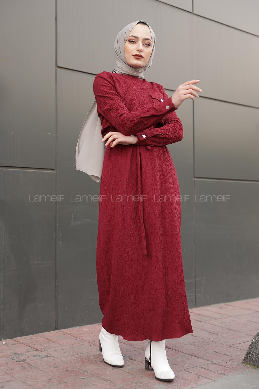 Modalamelif Tek Cepli Belden Bağcıklı Elbise Bordo