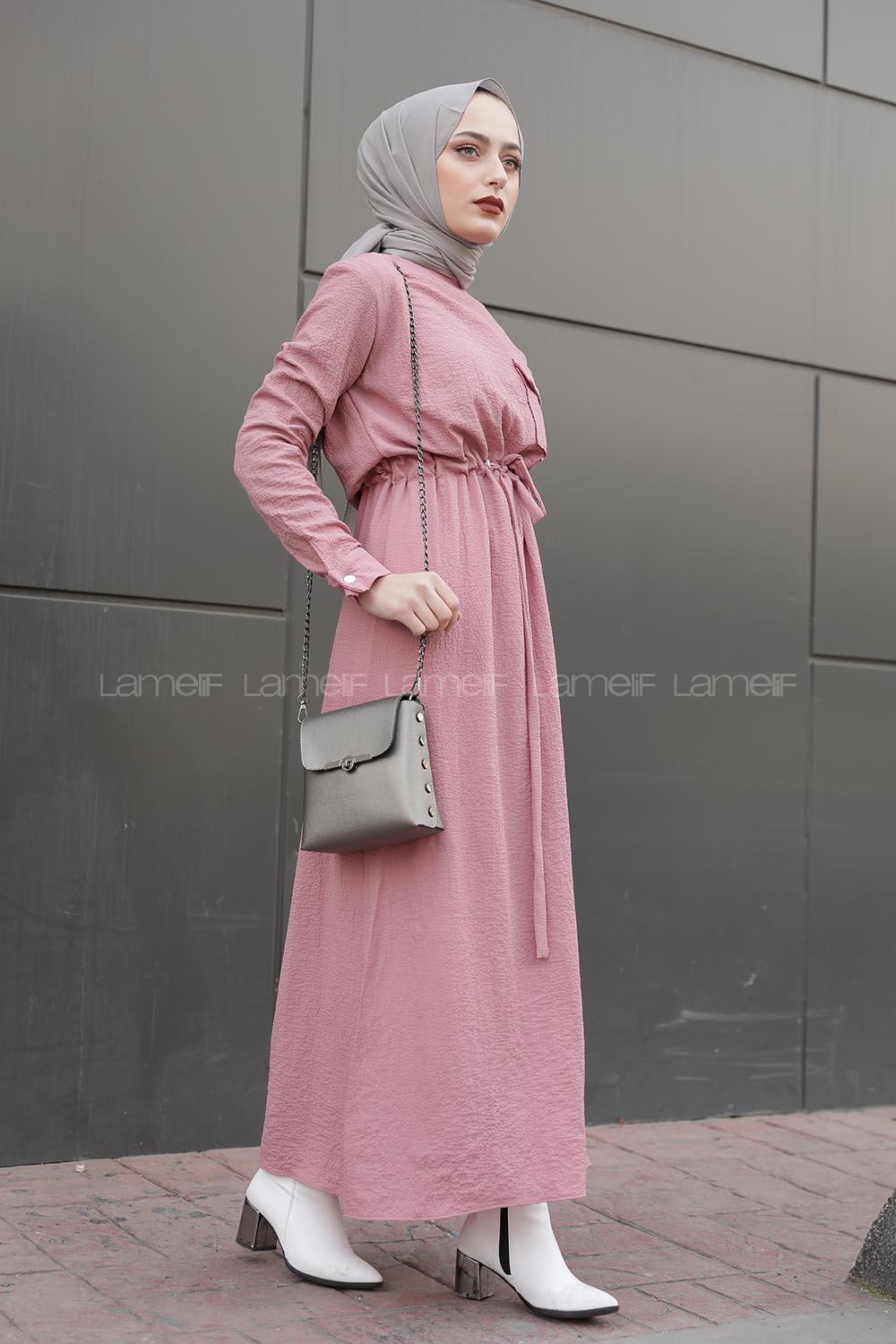 Modalamelif Tek Cepli Belden Bağcıklı Elbise Pudra