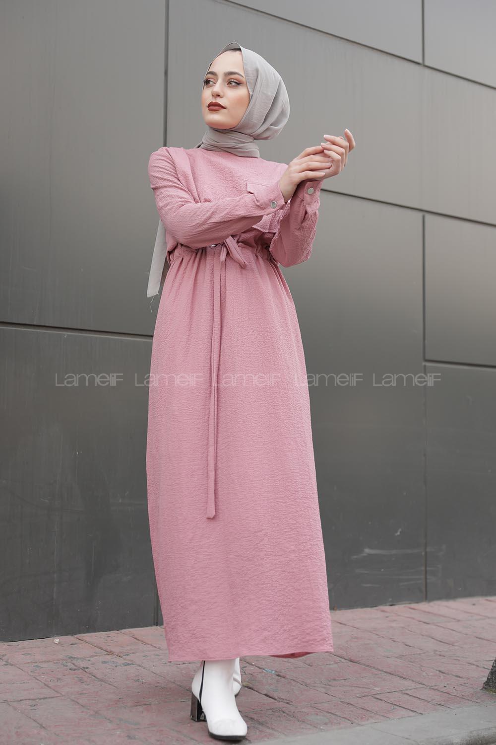 Modalamelif Tek Cepli Belden Bağcıklı Elbise Pudra