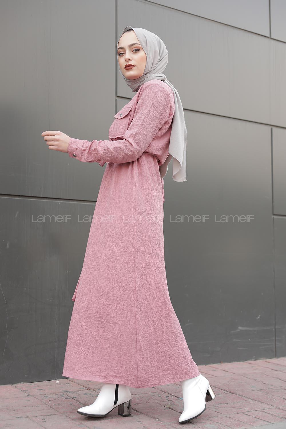 Modalamelif Tek Cepli Belden Bağcıklı Elbise Pudra