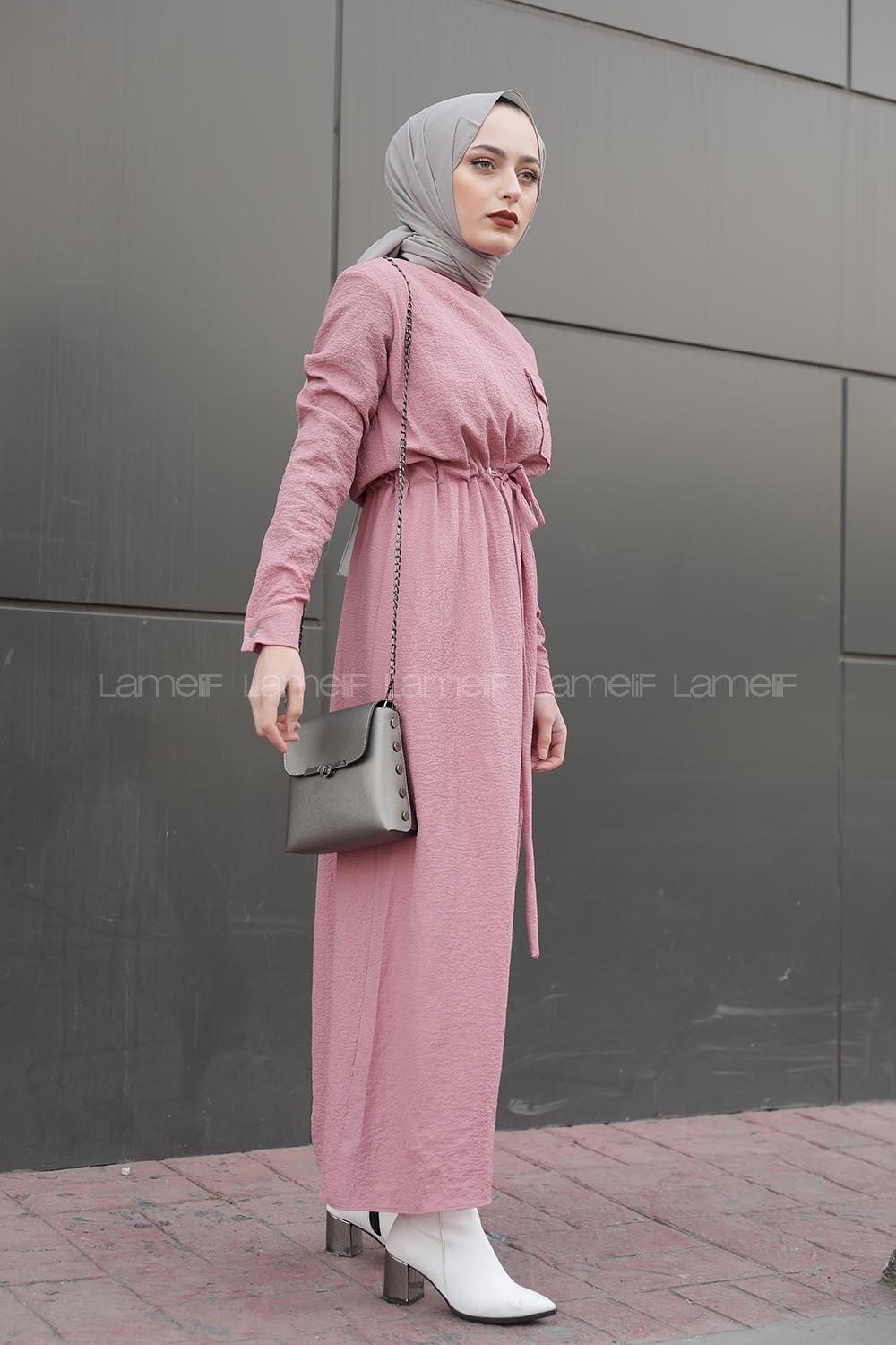 Modalamelif Tek Cepli Belden Bağcıklı Elbise Pudra