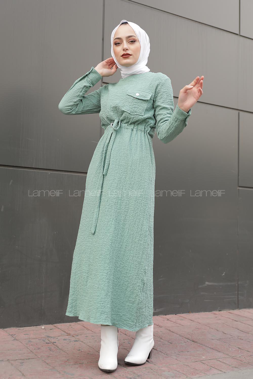 Modalamelif Tek Cepli Belden Bağcıklı Elbise Su Yeşili