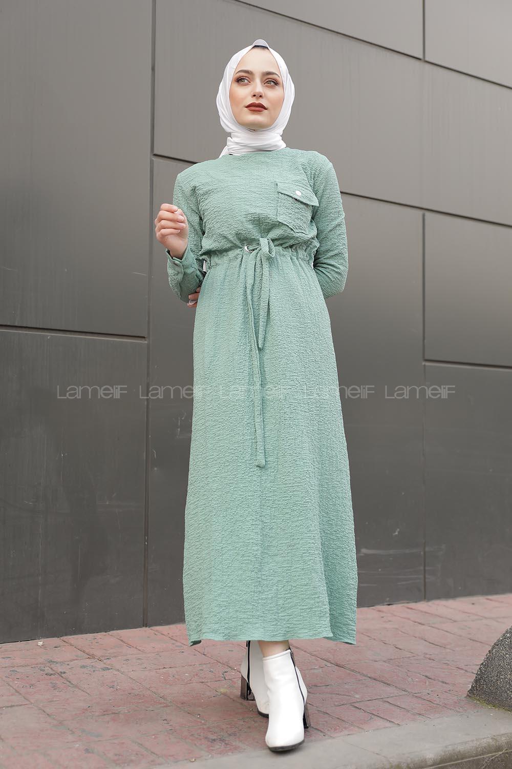 Modalamelif Tek Cepli Belden Bağcıklı Elbise Su Yeşili