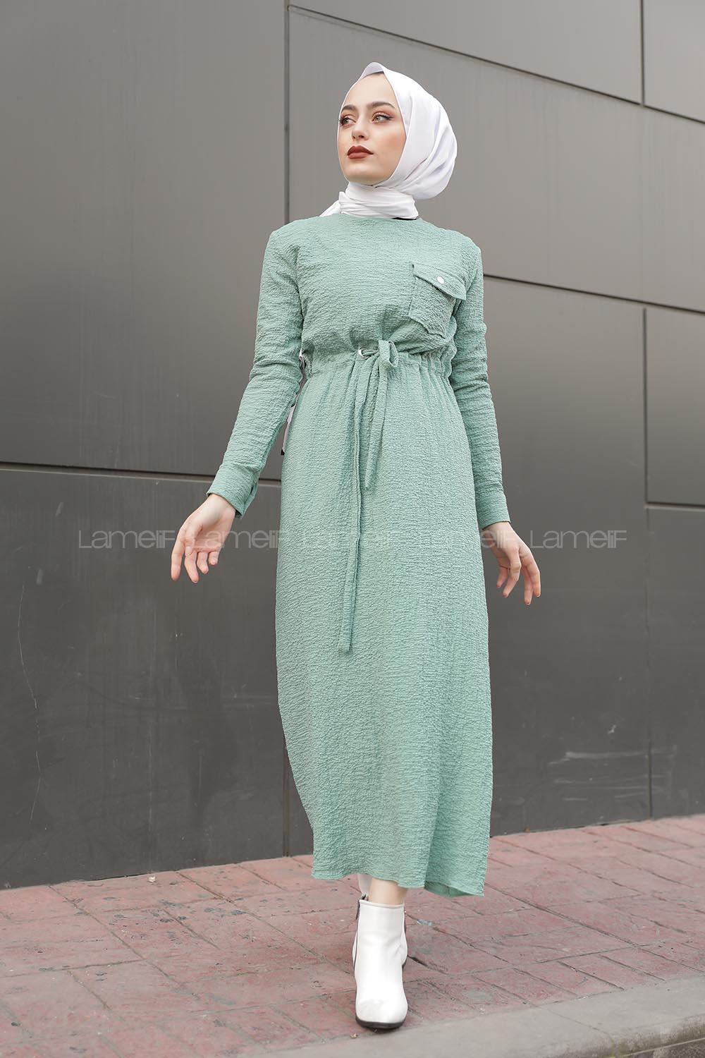 Modalamelif Tek Cepli Belden Bağcıklı Elbise Su Yeşili
