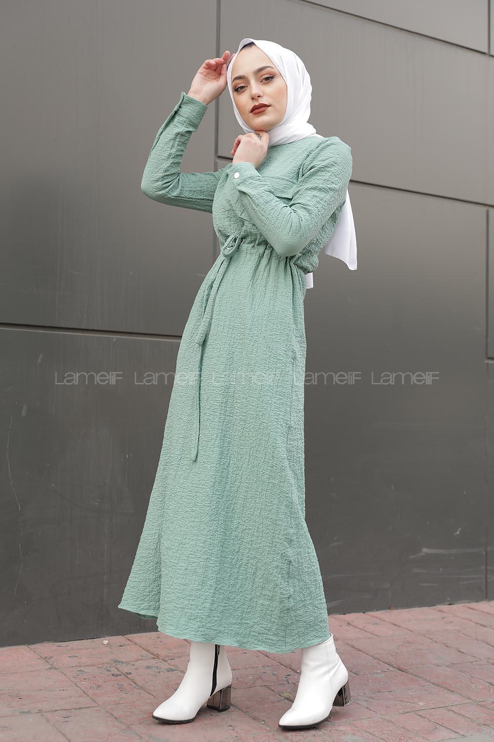 Modalamelif Tek Cepli Belden Bağcıklı Elbise Su Yeşili