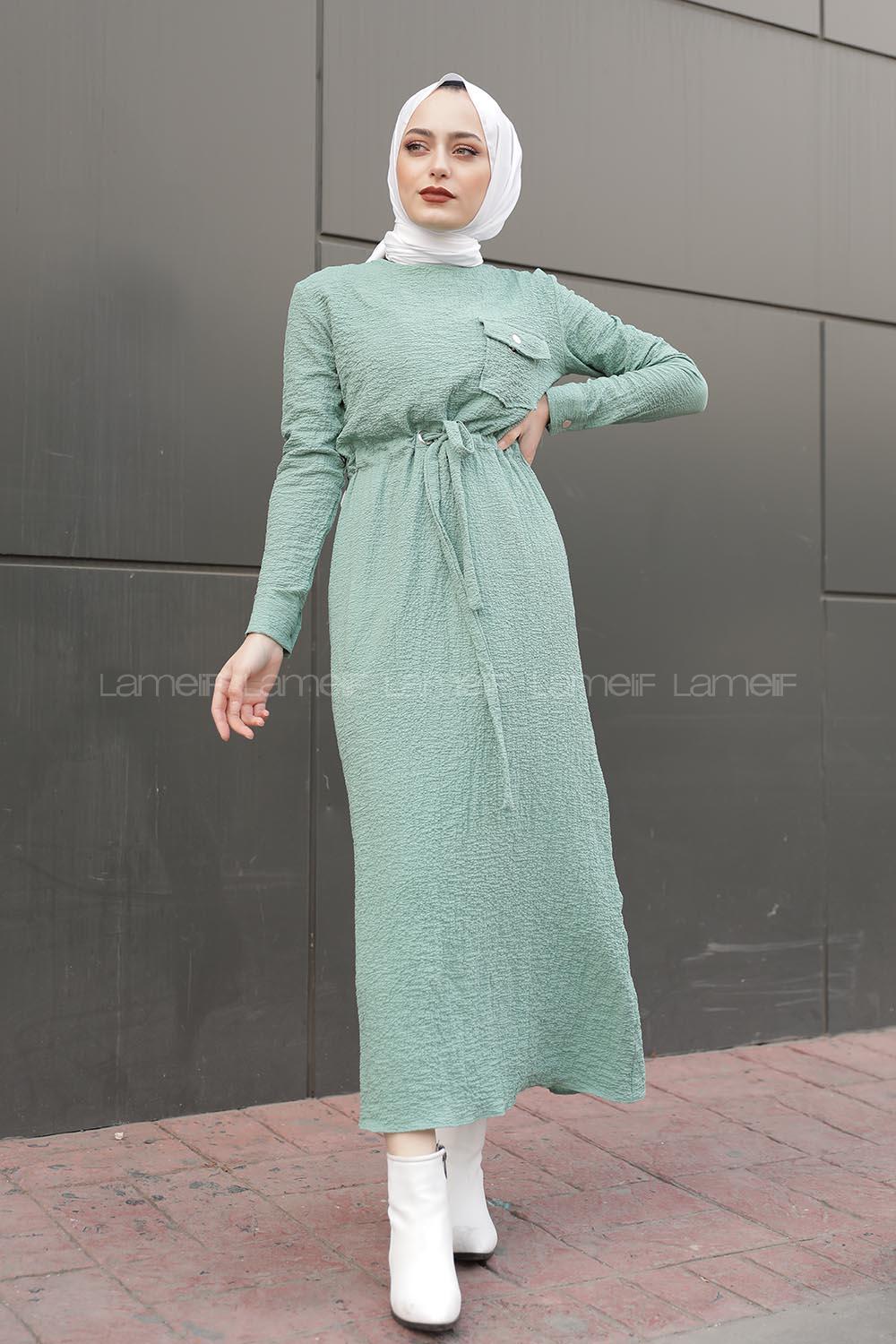 Modalamelif Tek Cepli Belden Bağcıklı Elbise Su Yeşili