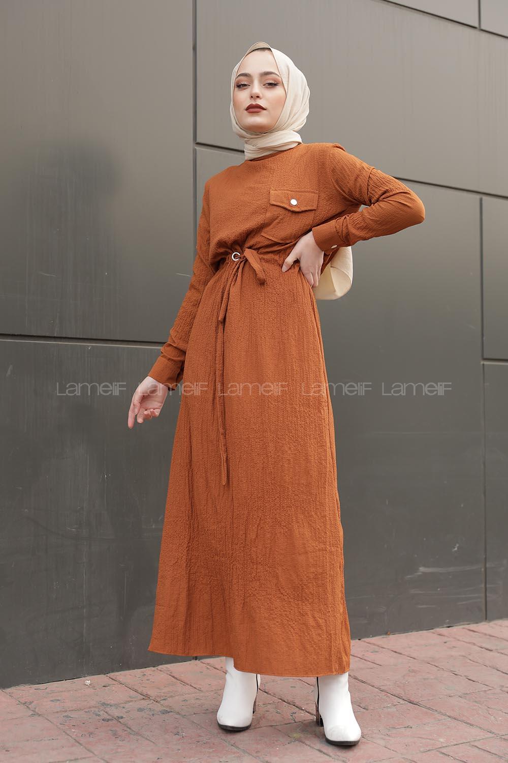 Modalamelif Tek Cepli Belden Bağcıklı Elbise Taba