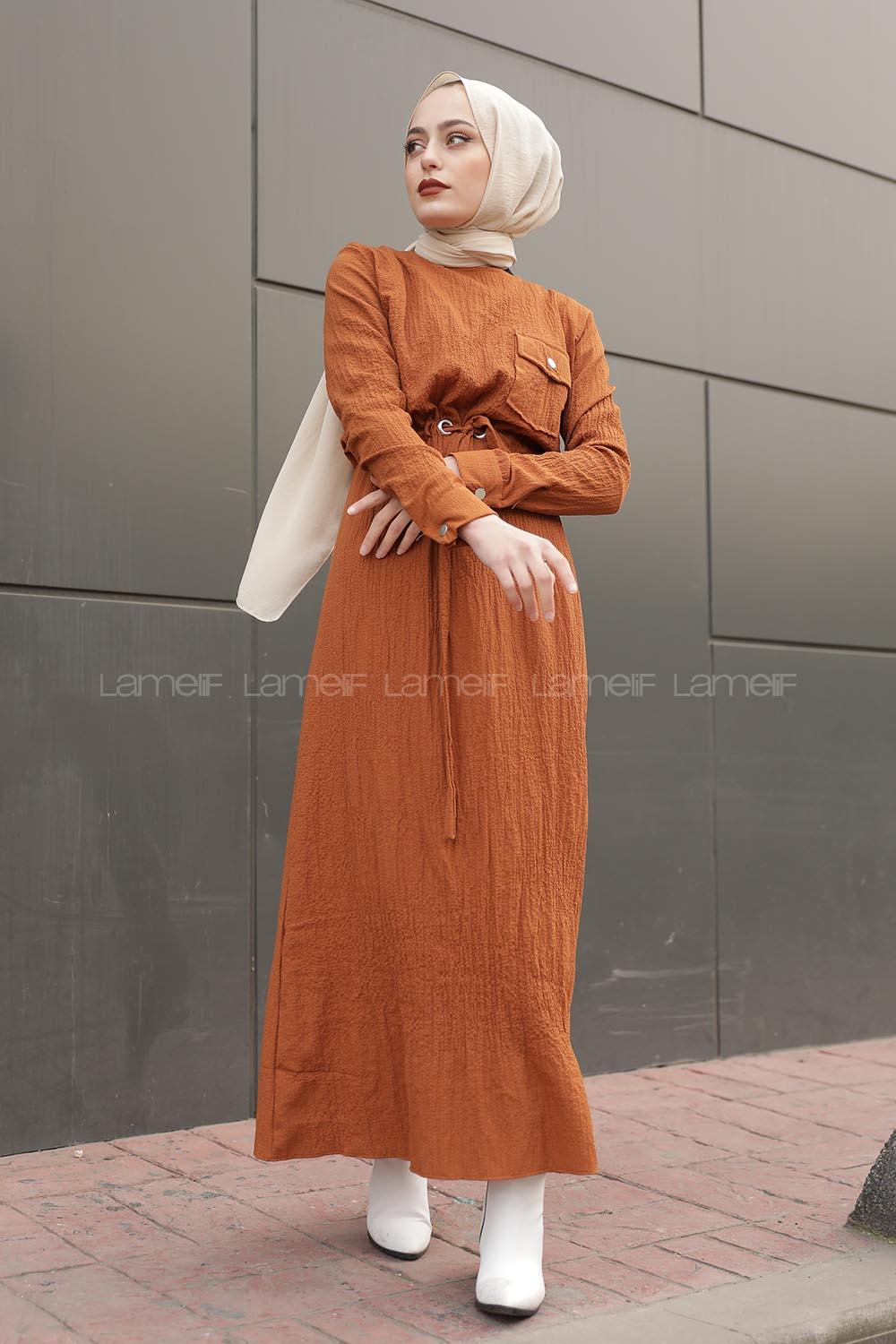 Modalamelif Tek Cepli Belden Bağcıklı Elbise Taba