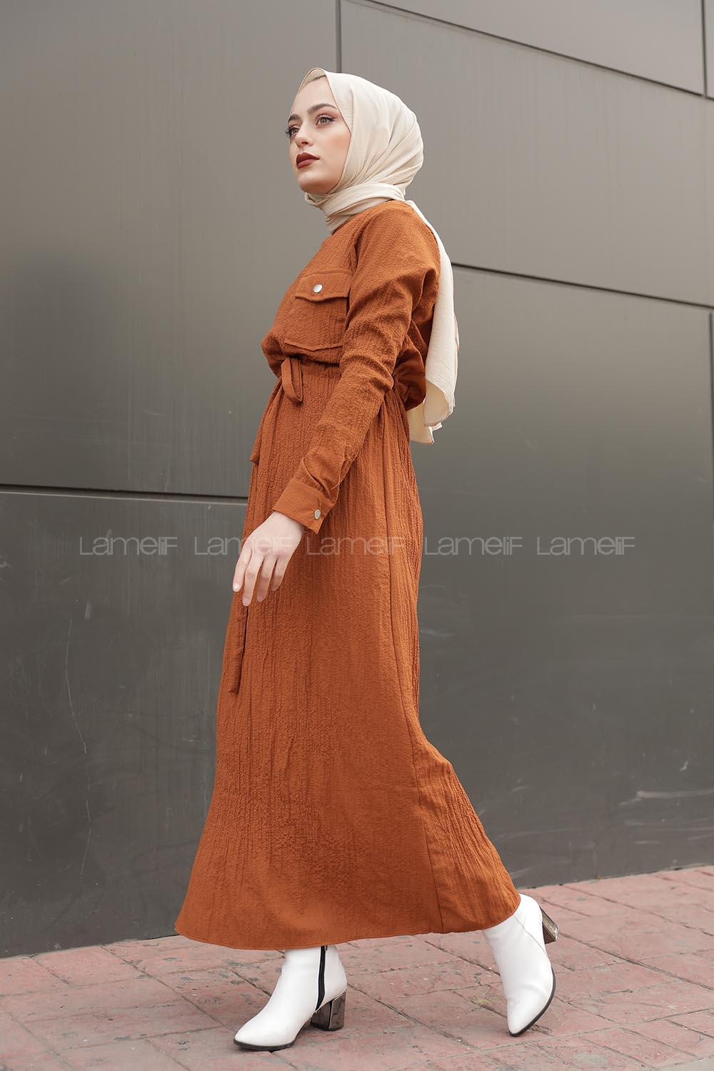 Modalamelif Tek Cepli Belden Bağcıklı Elbise Taba